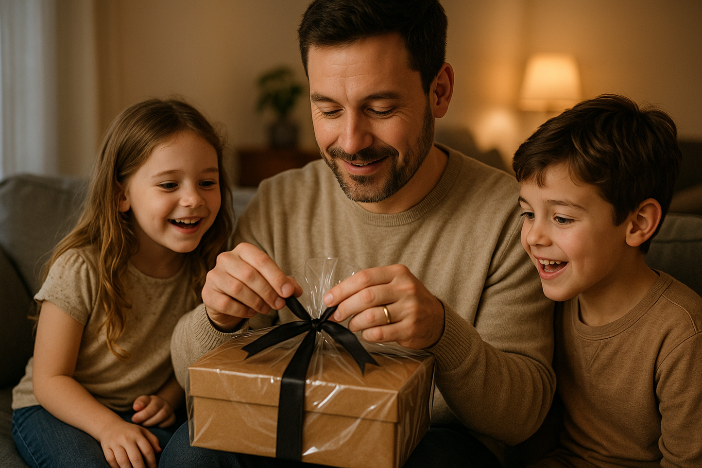 Create an image of a father opening a brown rectangular box, wrapped in cellophane and tied with a black bow with his kids watching on